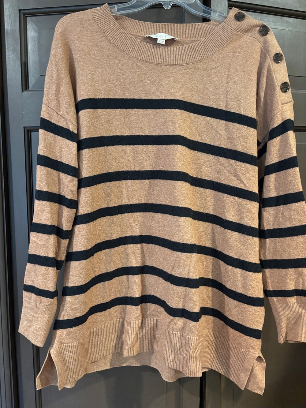 LOFT Camel Tan Black Striped Shoulder Button Tunic Sweater Size XL